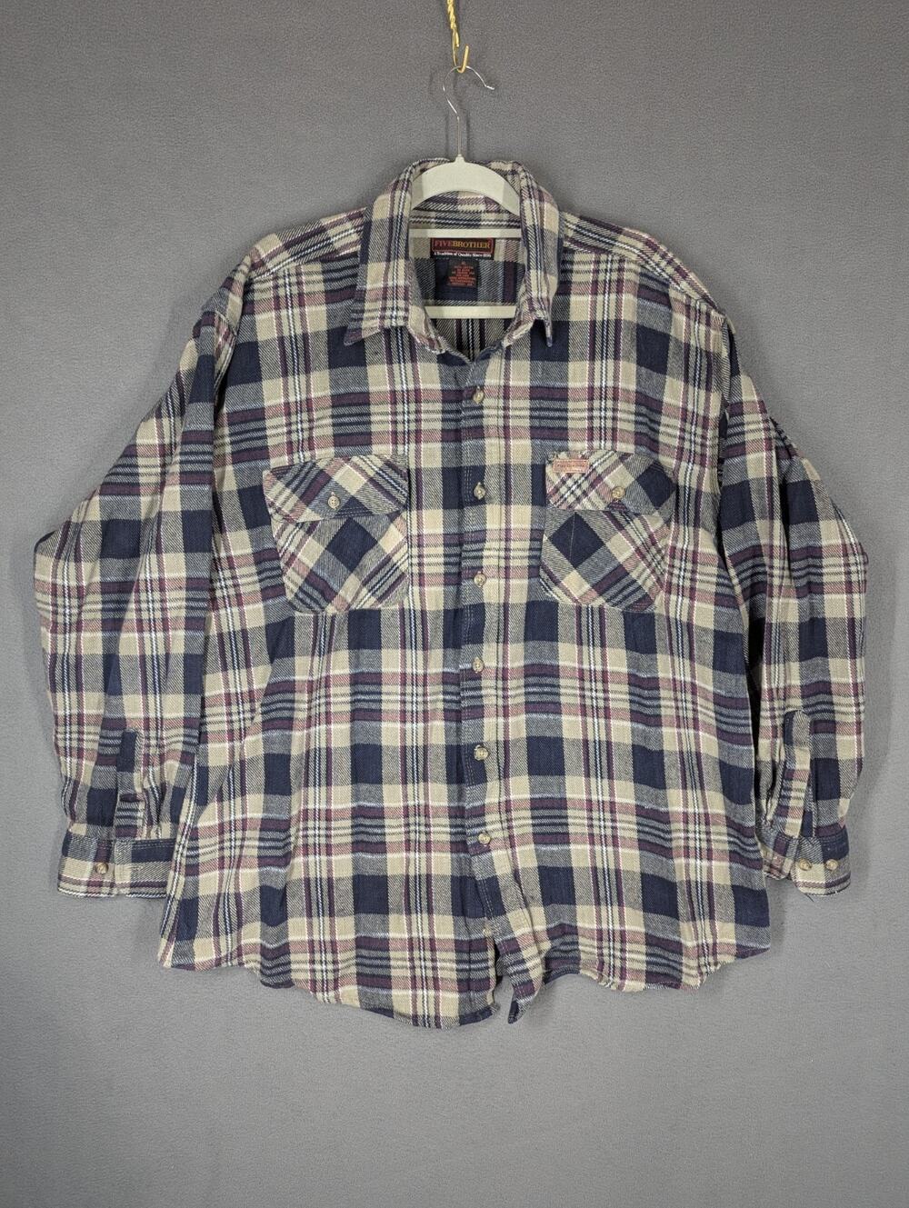 Five Brother Flannel Shirt Mens XL Cotton Beige Blue Heavy